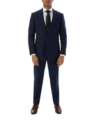 Sartoria Mazara Mens Classic Fit Blue Plaid 100% Wool 2 Piece Suit