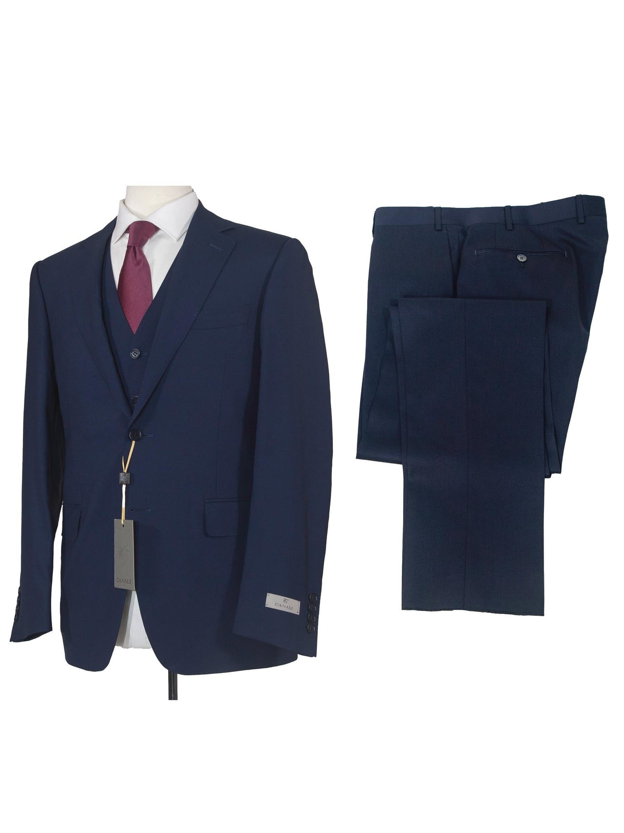 Canali 38R Drop 6 Solid Navy Blue 100% Wool Classic Fit 3 Piece Suit