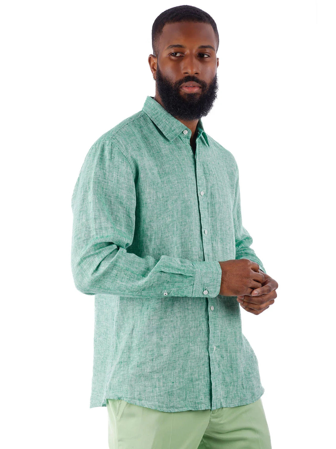 Barabas Camisa casual 100% lino con cuello de punta verde para hombre