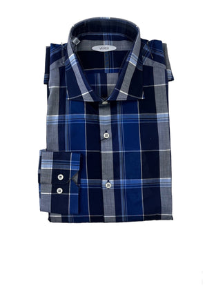 Claudia Varesi Blue Plaid 100%Cotton Men's Slim Fit Dress Shirt