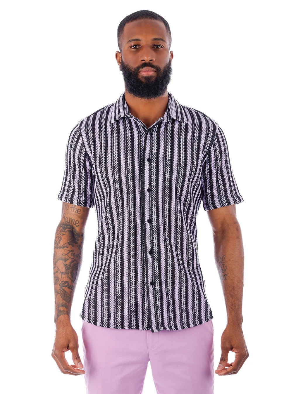 Barabas Mens Purple & Black Striped 100% Cotton Knitted Short Sleeve Shirt