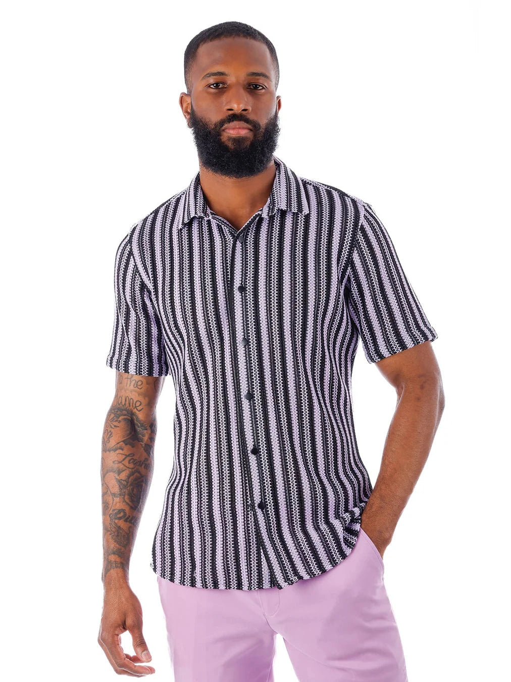 Barabas Camisa de manga corta de punto 100% algodón a rayas moradas y negras para hombre