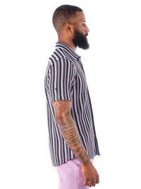 Thumbnail for Barabas Mens Purple & Black Striped 100% Cotton Knitted Short Sleeve Shirt