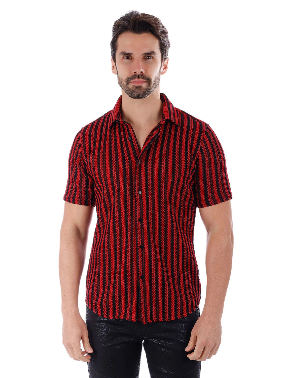 Barabas Camisa de manga corta de punto 100% algodón a rayas rojas y negras para hombre