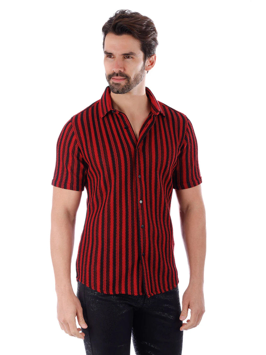 Barabas Camisa de manga corta de punto 100% algodón a rayas rojas y negras para hombre