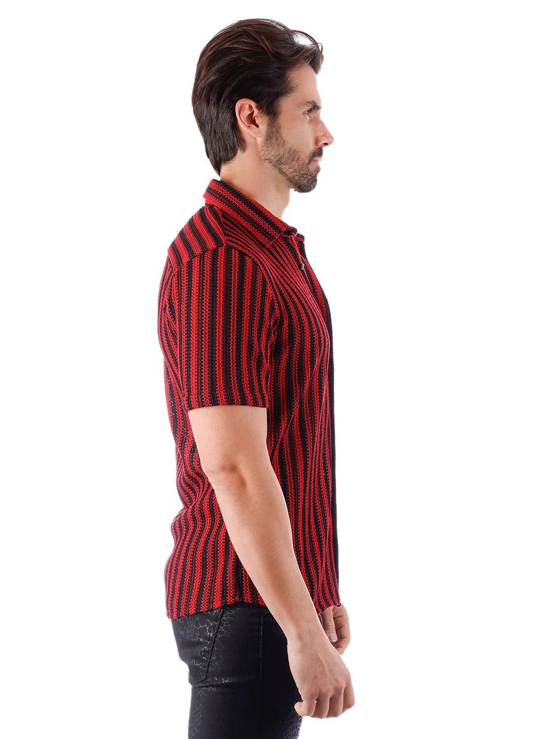 Barabas Camisa de manga corta de punto 100% algodón a rayas rojas y negras para hombre