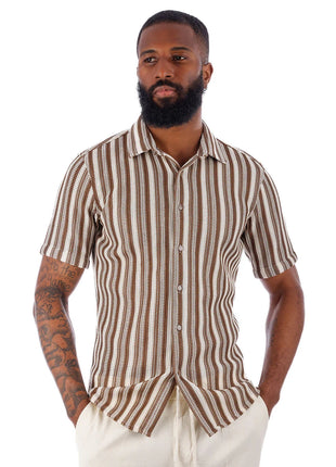 Barabas Mens Brown & White Striped 100% Cotton Knitted Short Sleeve Shirt