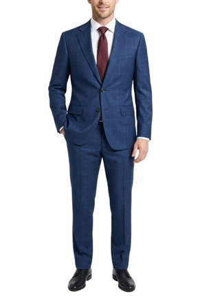 Centrion Men's Blue Plaid Classic Fit Notch Lapels 2 Button Wool Blend Suit