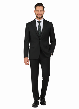 Di'nucci Slim Fit Black Textured Peak Lapel Wool Blend Suit