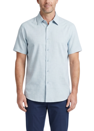 Steven Land Sky Blue Coastal Weave Tailored Fit Stretch Short Sleeve Shirt
