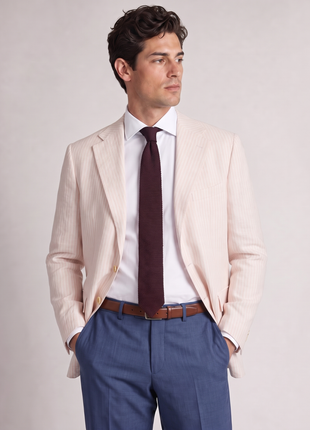 Sartoria Partenopea White & Powder Pink Vertical Stripe Linen Classic Fit 3-Button Sport Coat 46L