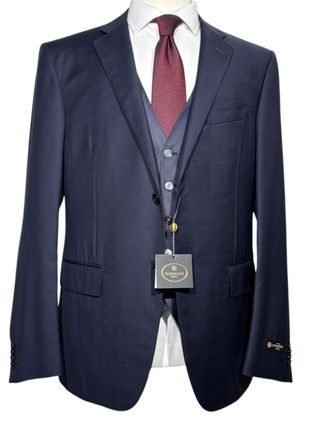 Corneliani Mens Solid Navy Blue Fully-Canvassed Notch Lapel Slim Fit 3-Piece Wool Suit - 44R