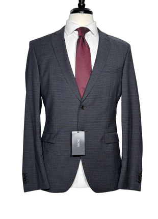 Hugo Boss Slim Fit Charcoal Checkered Stretch Notch Lapels Two Button Wool Suit