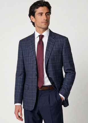 Emporio Armani G-Line Navy Blue Plaid Notch Lapel Tailored Fit Wool Silk 2-Button Sport Coat 46R