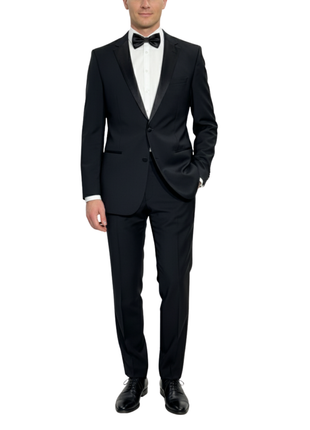Hugo Boss Solid Black With Satin Notch Lapel Modern Fit Super 100’s Wool 2-Button Tuxedo 42L - The Suit Depot