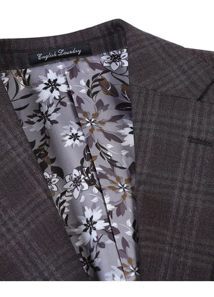 English Laundry Brown Tonal Plaid Slim Fit Peak Lapel 2-Button Wool Suit