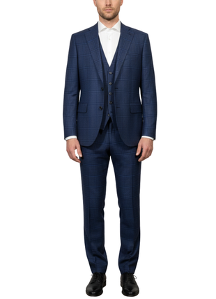 Canuti Navy Blue Plaid Modern Fit Notch Lapel 3 Piece Suit
