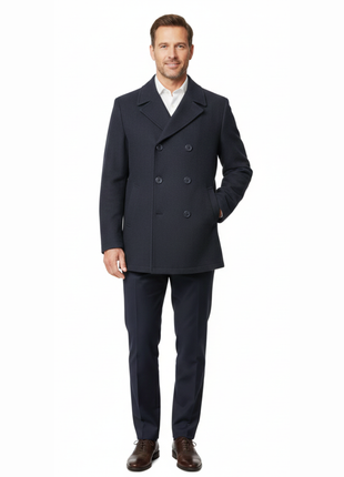 Cianni Mens Solid Navy Blue Double Breasted Wool Blend Peacoat Overcoat