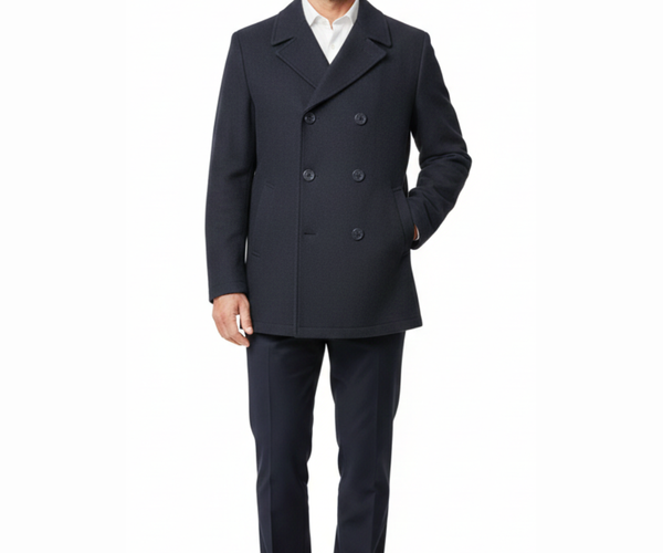 Cianni Mens Solid Navy Blue Double Breasted Wool Blend Peacoat