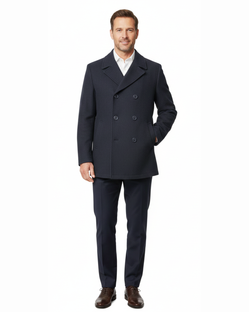 Cianni Mens Solid Navy Blue Double Breasted Wool Blend Peacoat