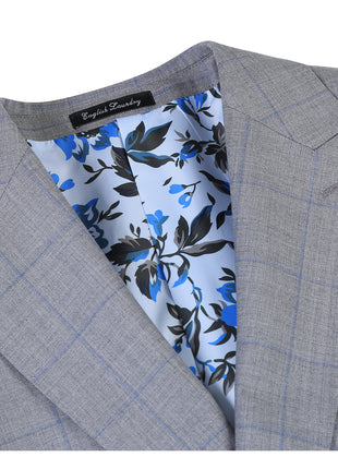 English Laundry Grey & Blue Windowpane Slim Fit Peak Lapel 2 Button Wool Suit