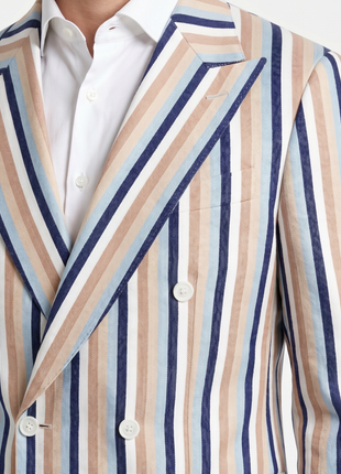 Canuti Beige & Blue Stripe Modern Fit Peak Lapel Double Breasted Sport Coat