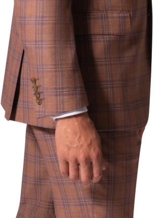 Berragamo Elegant Mens Orange with Blue Windowpane Modern Fit 2 Button Wool Suit