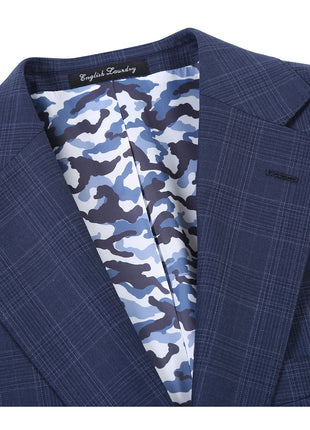 English Laundry Mens Navy Windowpane Plaid Slim Fit Notch Lapel 2 Button Wool Suit