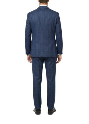 Centrion Mens Navy Blue Plaid Classic Fit Peak Lapels 2 Button Wool Suit - The Suit Depot