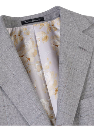 English Laundry Grey Windowpane Plaid Slim Fit Notch Lapel 2 Button Wool Suit