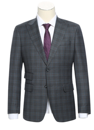 English Laundry Charcoal Gray Plaid Slim Fit Peak Lapel Wool Blend Stretch 2 Button Suit