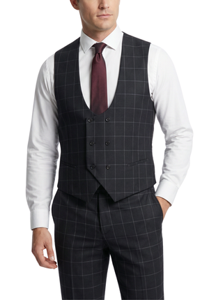 Mazara Mens Black With Gray Windowpane Classic Fit Peak Lapel 3-Piece Wool Suit