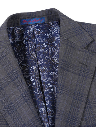 English Laundry Mens Gray & Blue Windowpane Slim Fit Notch Lapel 2 Button Stretch Suit