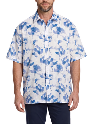 Lavane Mens White & Blue Floral Spread Collar Short Sleeve Button-Up Shirt