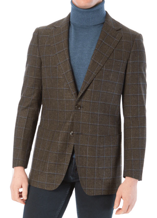 Sartoria Mazara Mens Classic Fit Brown & Blue Check Two Button Stretch Blazer Sportcoat - The Suit Depot