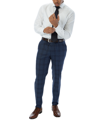 Sartoria Mazara Mens Slim Fit Navy Blue With Burgundy Check 100% Wool Suit With Peak Lapels