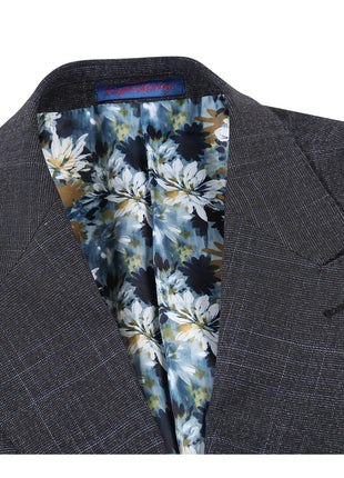 English Laundry Mens Navy & Brown Windowpane Slim Fit Peak Lapel 2 Button Stretch Suit