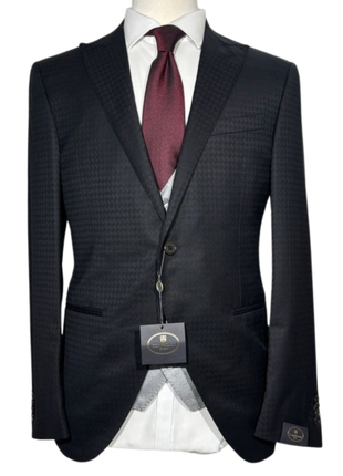 Corneliani Mens Black and Silver Mixed Pattern Fully-Canvassed Peak Lapel Classic Fit 3-Piece Wool Blend Suit - 40R