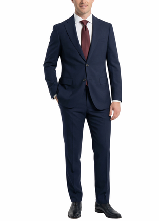Cardeliano Mens Navy Blue Textured Half-Canvassed Slim Fit Notch Lapels 2 Button Wool Suit