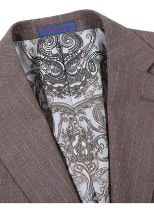 English Laundry Mens Brown Stripe Slim Fit Notch Lapel 2 Button Stretch Suit With Patch Pockets