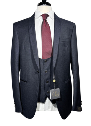 Corneliani Mens Dark Navy Blue Textured Fully-Canvassed Shawl Lapel Slim Fit 3-Piece Wool Tuxedo Suit - 42R
