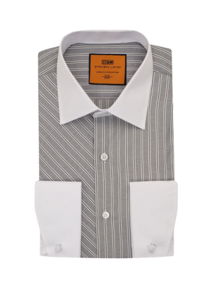 Steven Land Black Striped Spread Collar Wrinkle & Shrink Free Cotton Dress Shirt - The Suit Depot