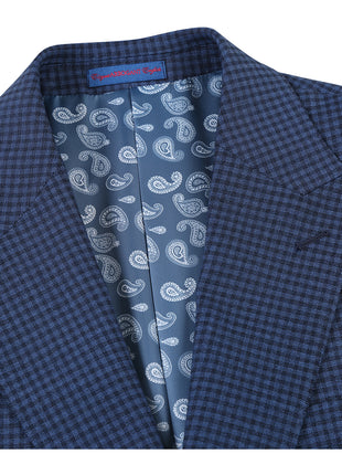 English Laundry Mens Blue & Black Micro Check Slim Fit Peak Lapel 2 Button Stretch Suit