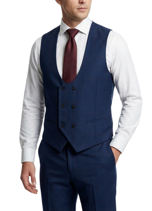 Mazara Mens Navy With Burgundy Windowpane Slim Fit Windowpane 3-Piece Wool Suit