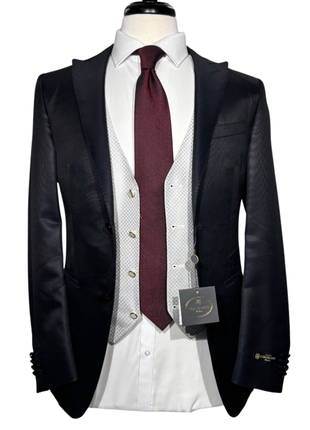 Corneliani Mens Black and White Mixed Pattern Fully-Canvassed Peak Lapel Slim Fit 3-Piece Wool Blend Suit - 36S