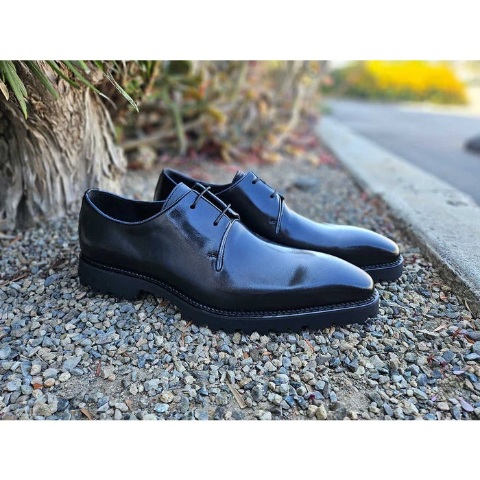 Carrucci Mens Black Lace-up Oxford Leather Dress Shoes With Lug Sole