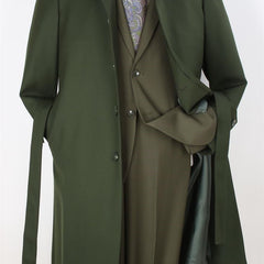 Black Diamond Mens Solid Green 100% Wool Gabardine Belted Duster Overcoat - The Suit Depot