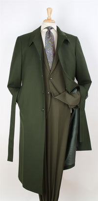 Thumbnail for Black Diamond Mens Solid Green 100% Wool Gabardine Belted Duster Overcoat