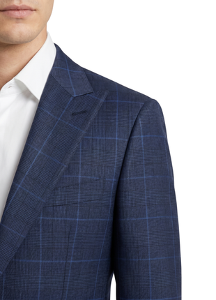 Sartoria Mazara Blue Plaid Windowpane Classic Fit Peak Lapel 2-Button Wool Suit