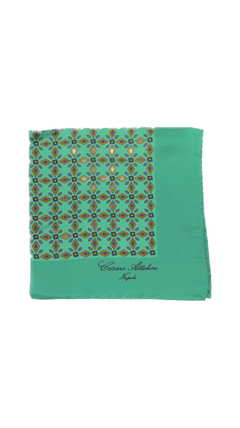 Cesare Attolini Green Motif Silk Pocket Square Handmade In Italy